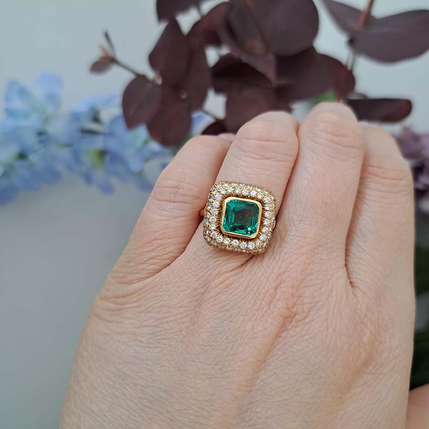 Natural Colombian Emerald and Diamond Cluster Dress Ring