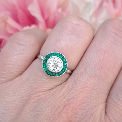 0.90ct Old Cut Diamond and Emerald Target Cluster Ring