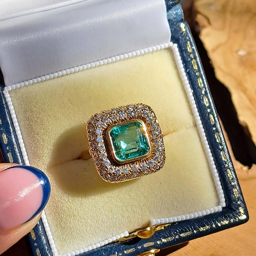 Natural Colombian Emerald and Diamond Cluster Dress Ring