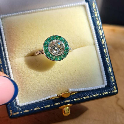 0.90ct Old Cut Diamond and Emerald Target Cluster Ring