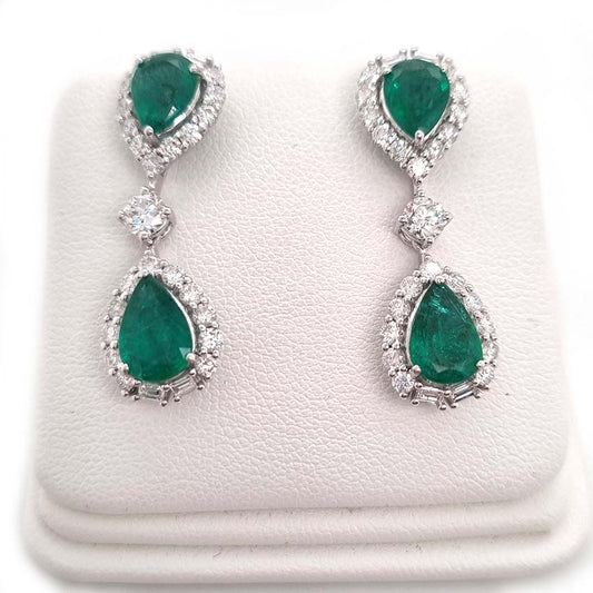 Pear Cut Emerald and Diamond Double Cluster Drop Earrings