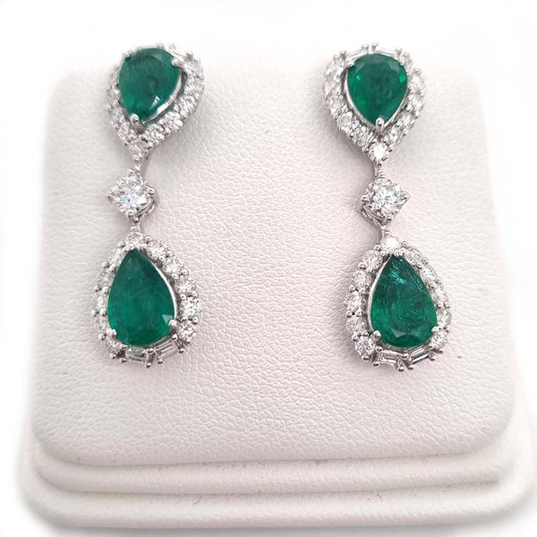 Pear Cut Emerald and Diamond Double Cluster Drop Earrings