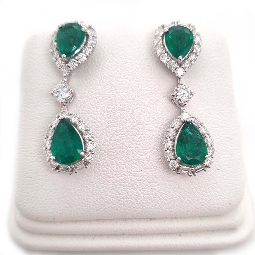 Pear Cut Emerald and Diamond Double Cluster Drop Earrings