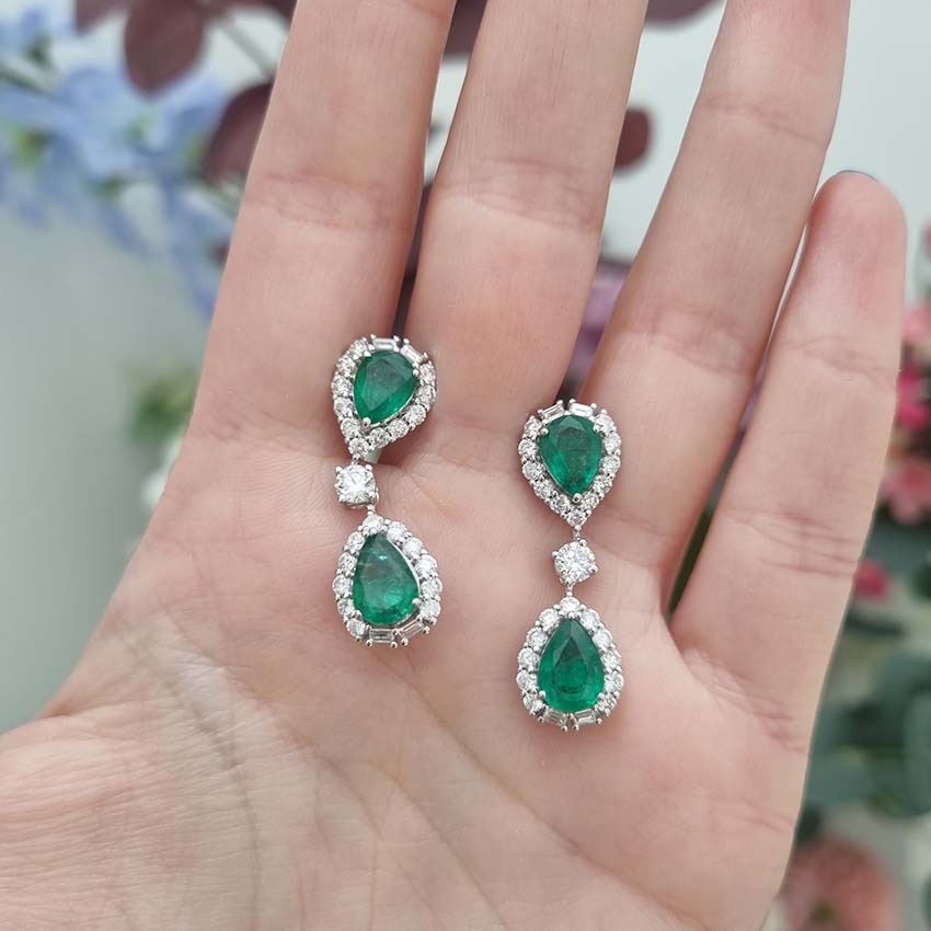 Pear Cut Emerald and Diamond Double Cluster Drop Earrings