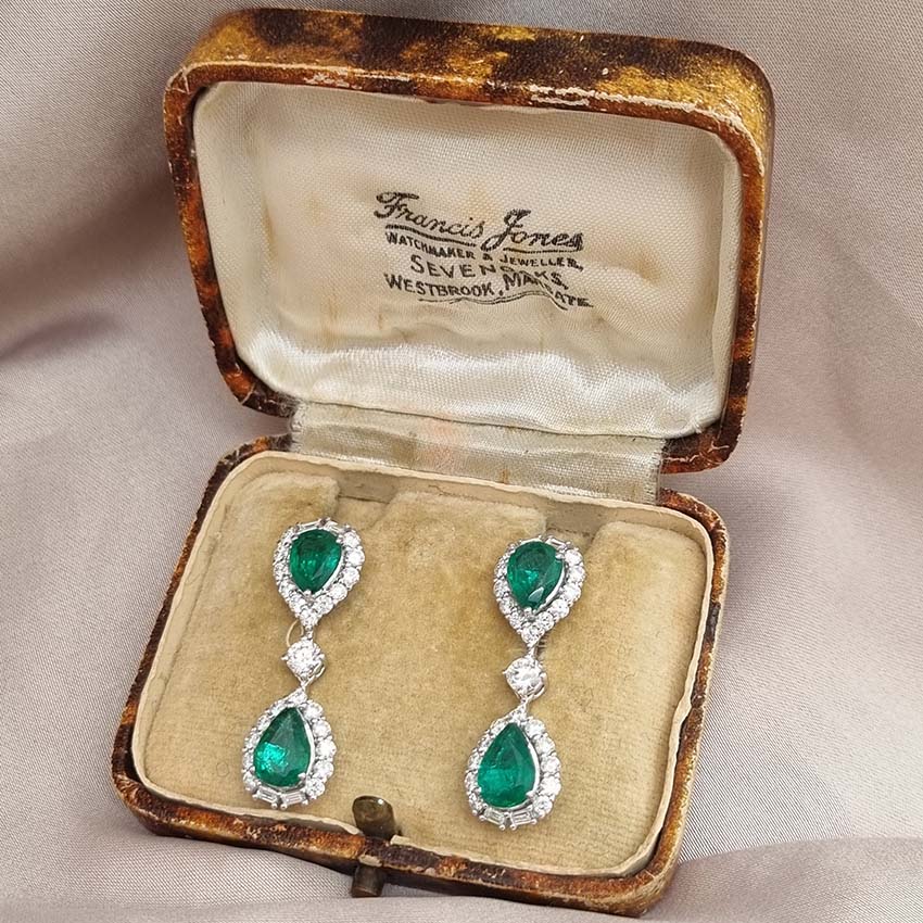 Pear Cut Emerald and Diamond Double Cluster Drop Earrings