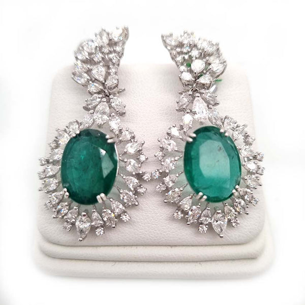 Fine Pair of Emerald and Diamond Cluster Drop Earrings