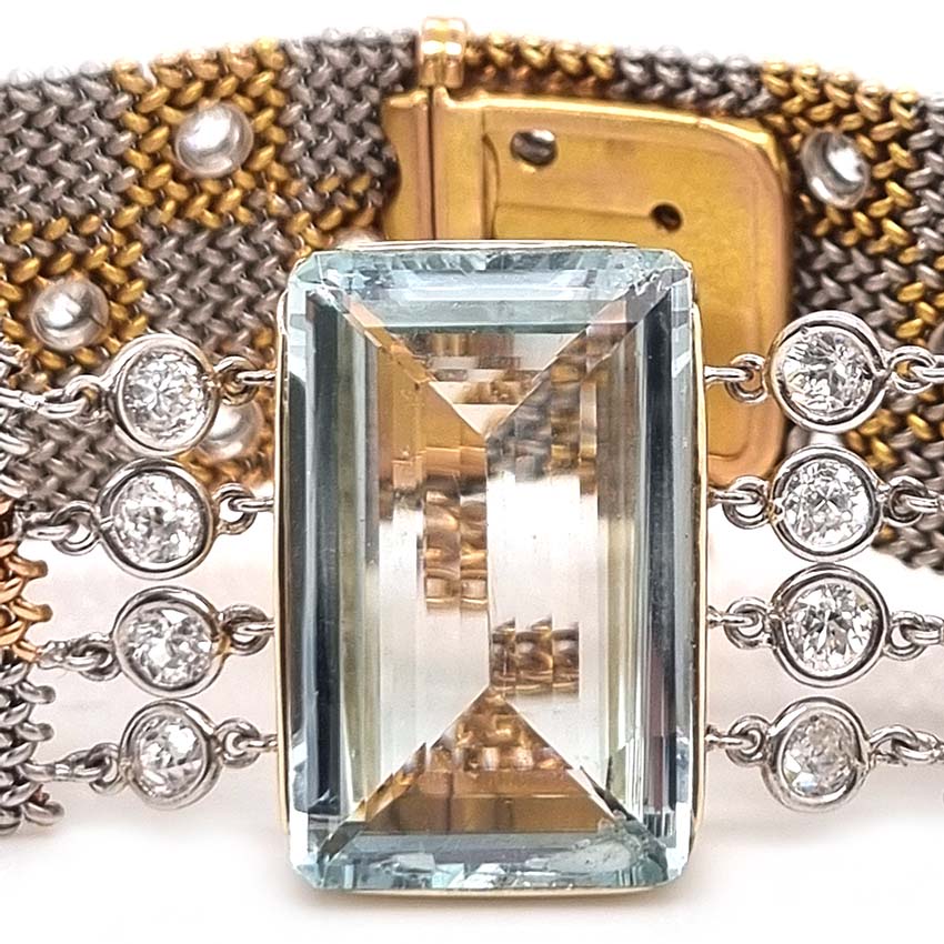 25ct Aquamarine and Diamond Set Bi Colour Gold Mesh Bracelet