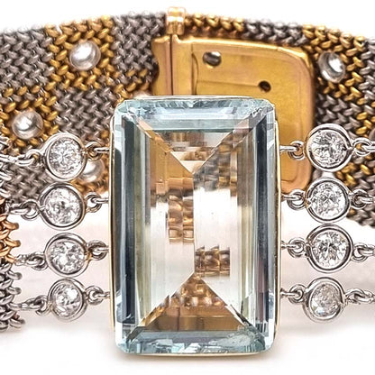 25ct Aquamarine and Diamond Set Bi Colour Gold Mesh Bracelet