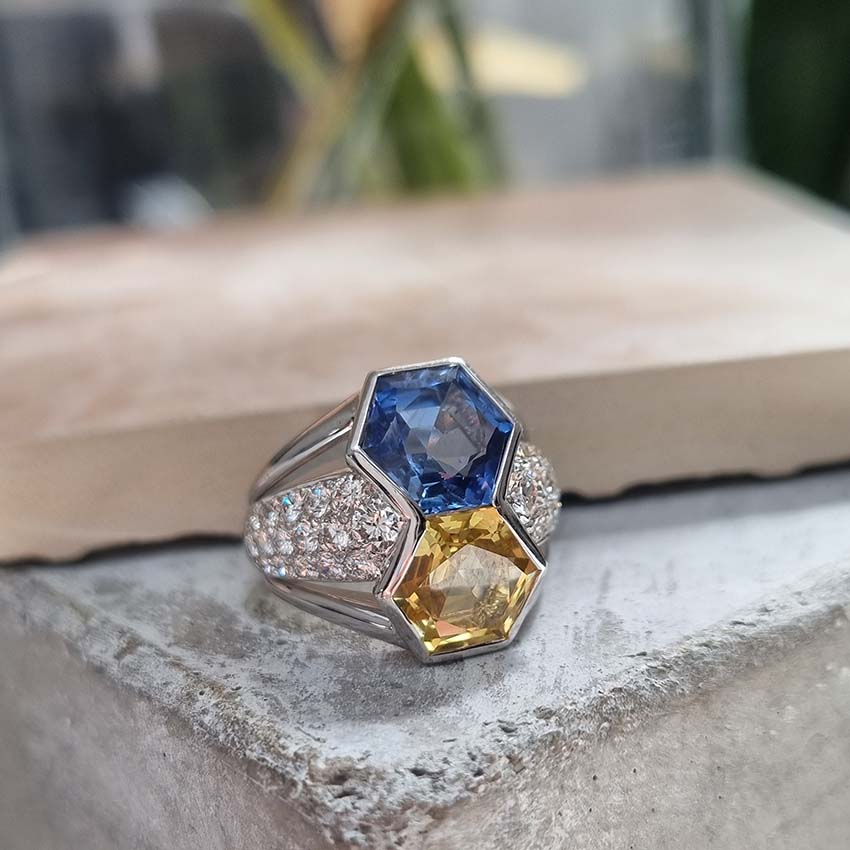 Hexagonal Yellow Blue Sapphire Statement Ring with Diamonds