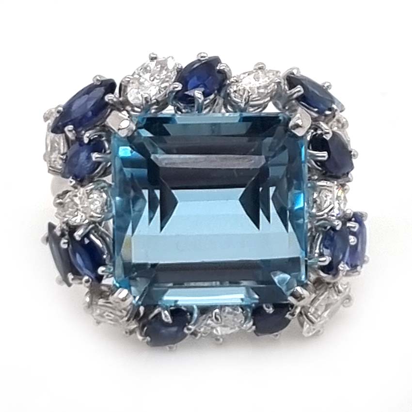 Vintage 12ct Aquamarine with Marquise Diamond and Sapphire Cluster Cocktail Ring in iridium and platinum. Circa 1960s
