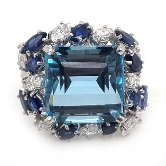 Vintage Large Aquamarine Sapphire and Diamond Cluster Cocktail Ring