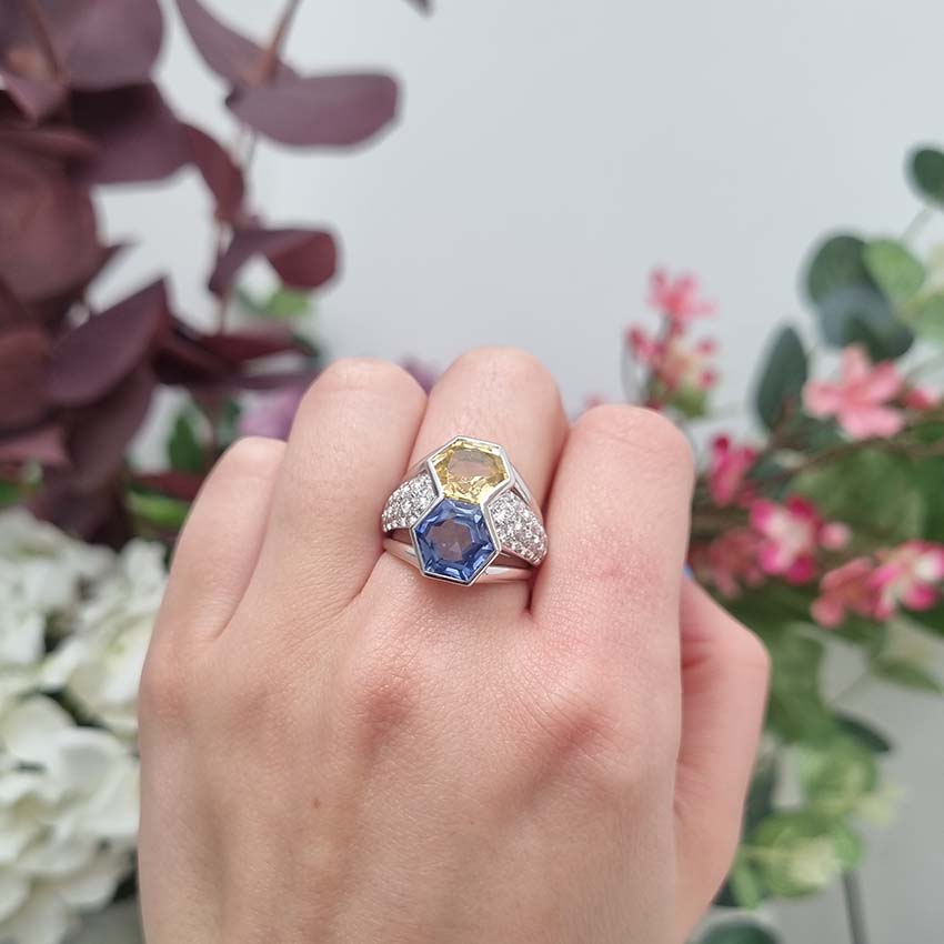 Hexagonal Yellow Blue Sapphire Statement Ring with Diamonds
