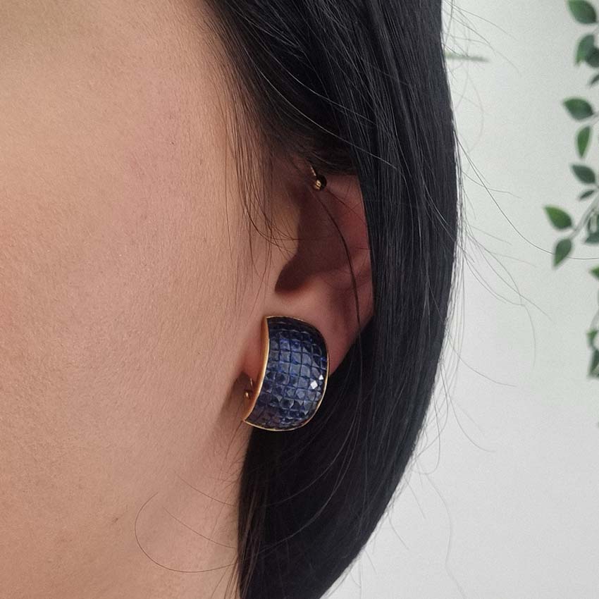 Vintage French Square Cut Sapphire Half Hoop Earrings
