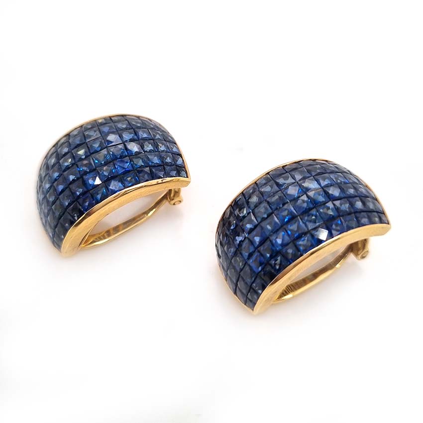 Vintage French Square Cut Sapphire Half Hoop Earrings