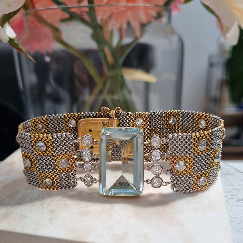 25ct Aquamarine and Diamond Set Bi Colour Gold Mesh Bracelet