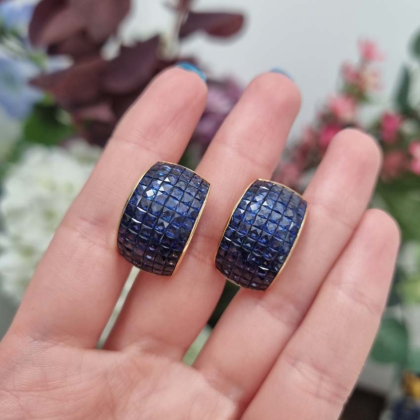 Vintage French Square Cut Sapphire Half Hoop Earrings