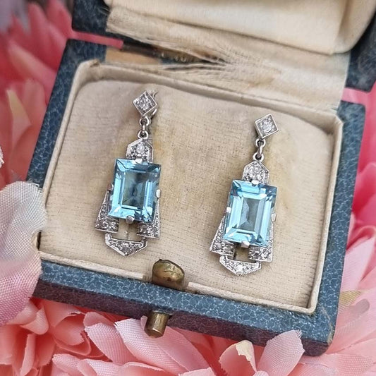Art Deco Aquamarine and Diamond Drop Earrings