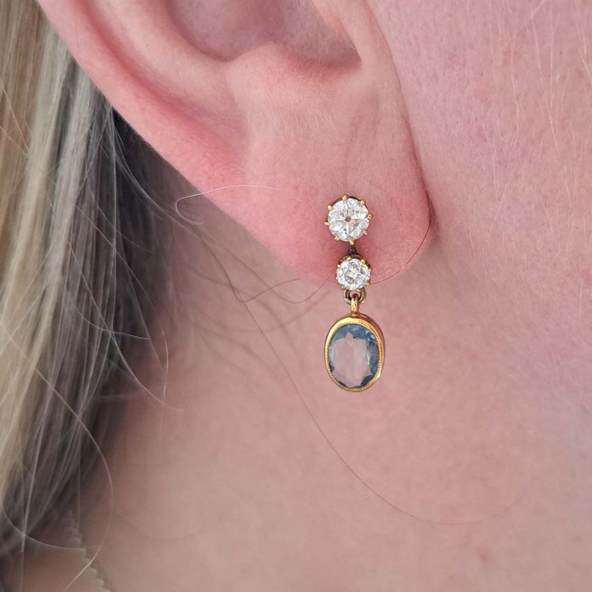Vintage Aquamarine and Old Cut Diamond Drop Earrings