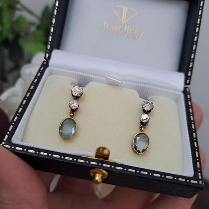 Vintage Aquamarine and Old Cut Diamond Drop Earrings