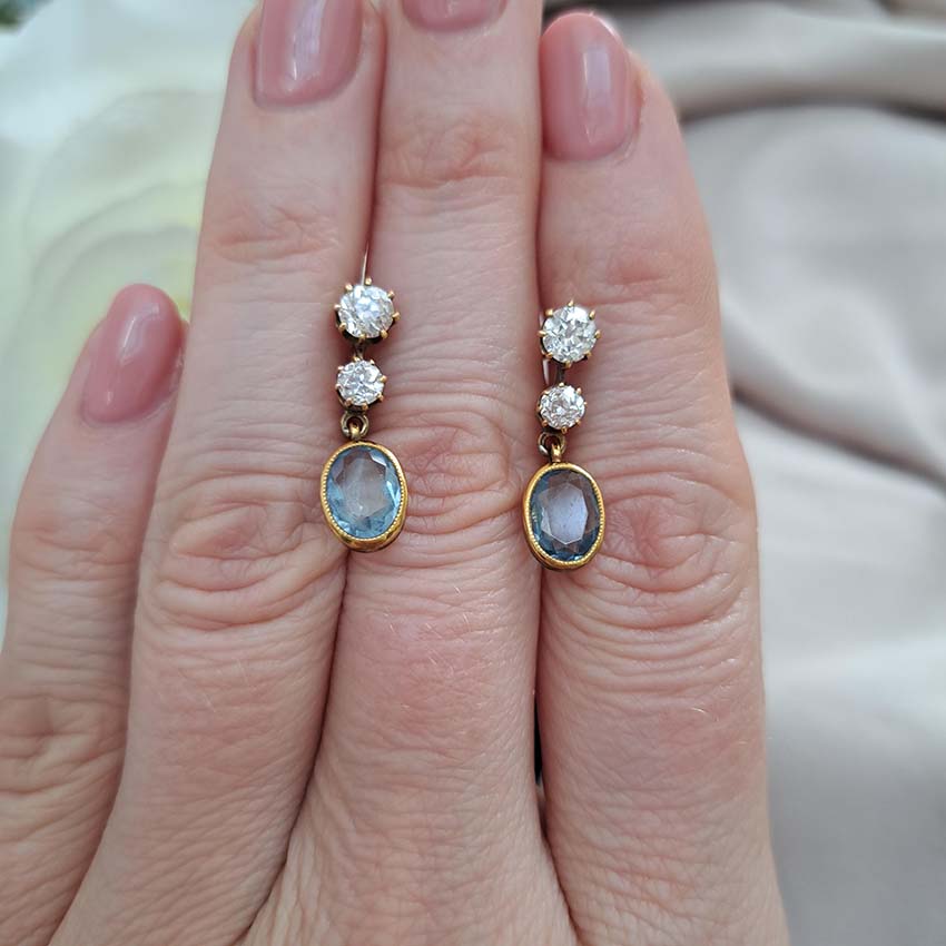 Vintage Aquamarine and Old Cut Diamond Drop Earrings