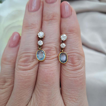 Vintage Aquamarine and Old Cut Diamond Drop Earrings