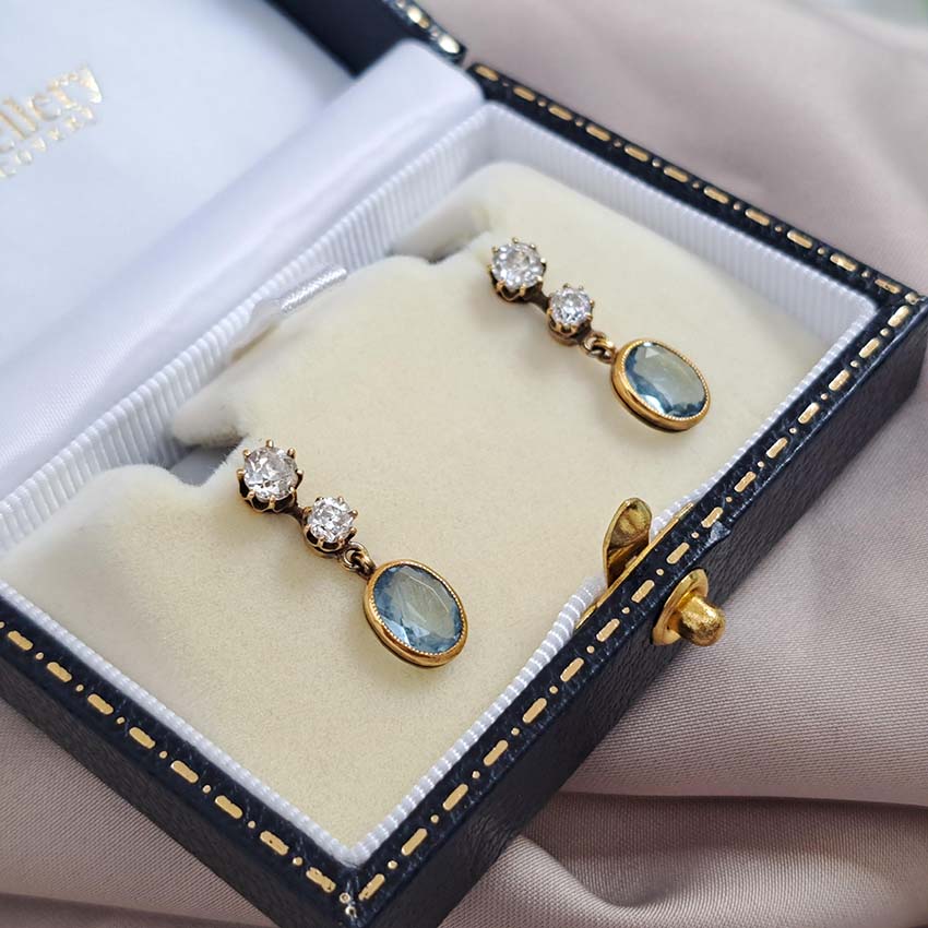 Vintage Aquamarine and Old Cut Diamond Drop Earrings