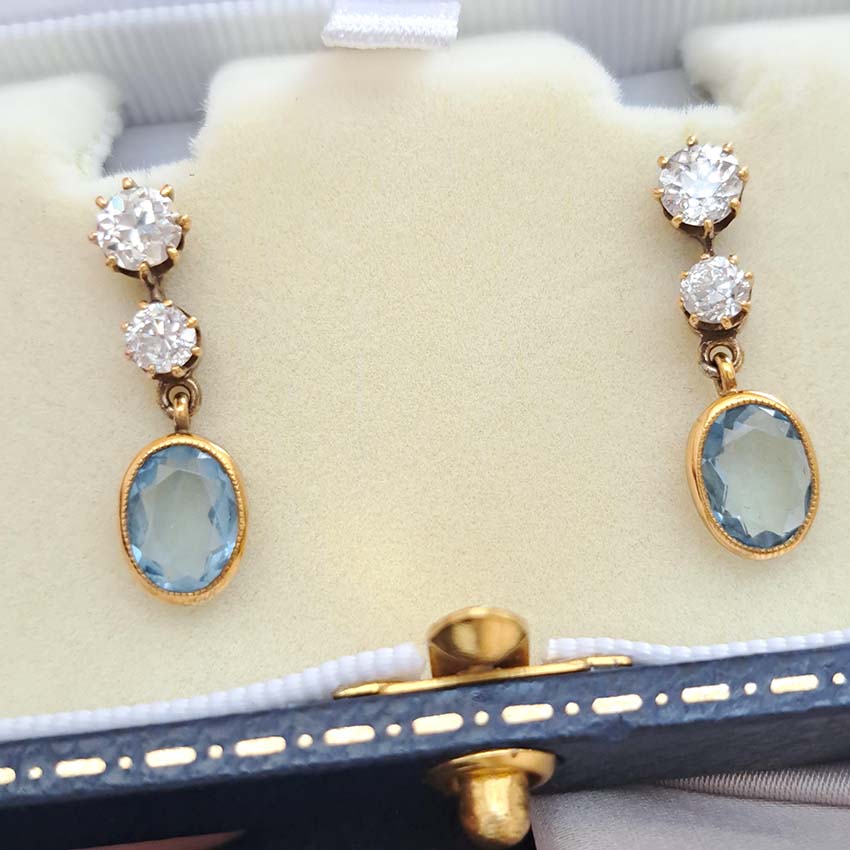 Vintage Aquamarine and Old Cut Diamond Drop Earrings