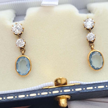 Vintage Aquamarine and Old Cut Diamond Drop Earrings