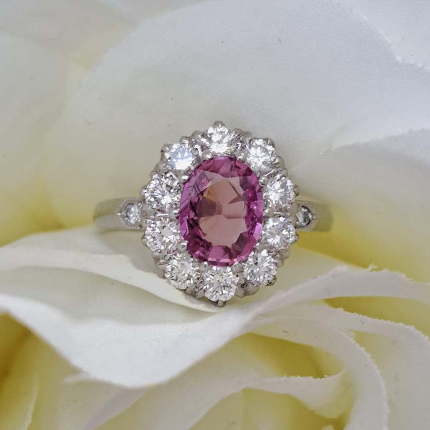 1.51ct Oval Pink Sapphire and Diamond Floral Cluster Ring