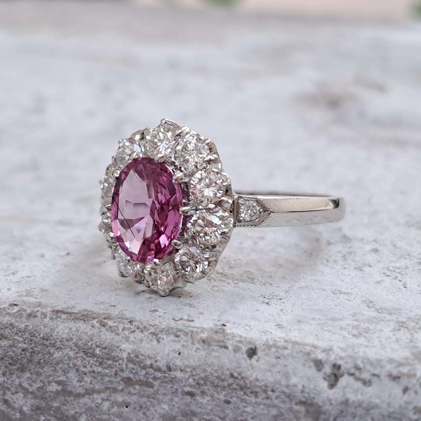 1.51ct Oval Pink Sapphire and Diamond Floral Cluster Ring