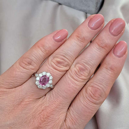 1.51ct Oval Pink Sapphire and Diamond Floral Cluster Ring