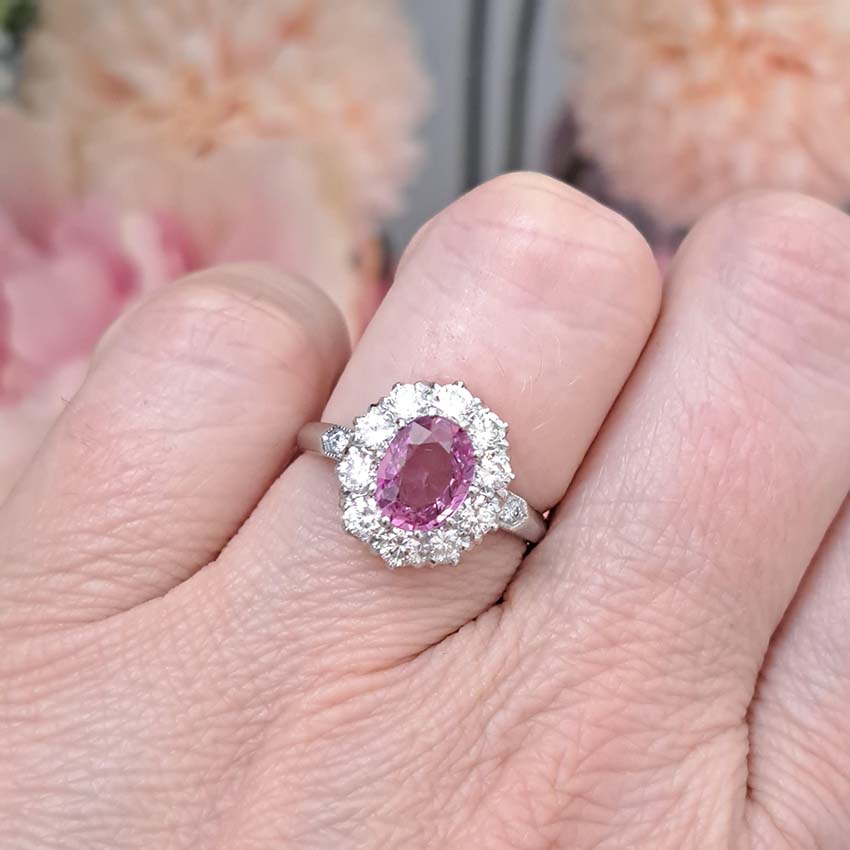 1.51ct Oval Pink Sapphire and Diamond Floral Cluster Ring