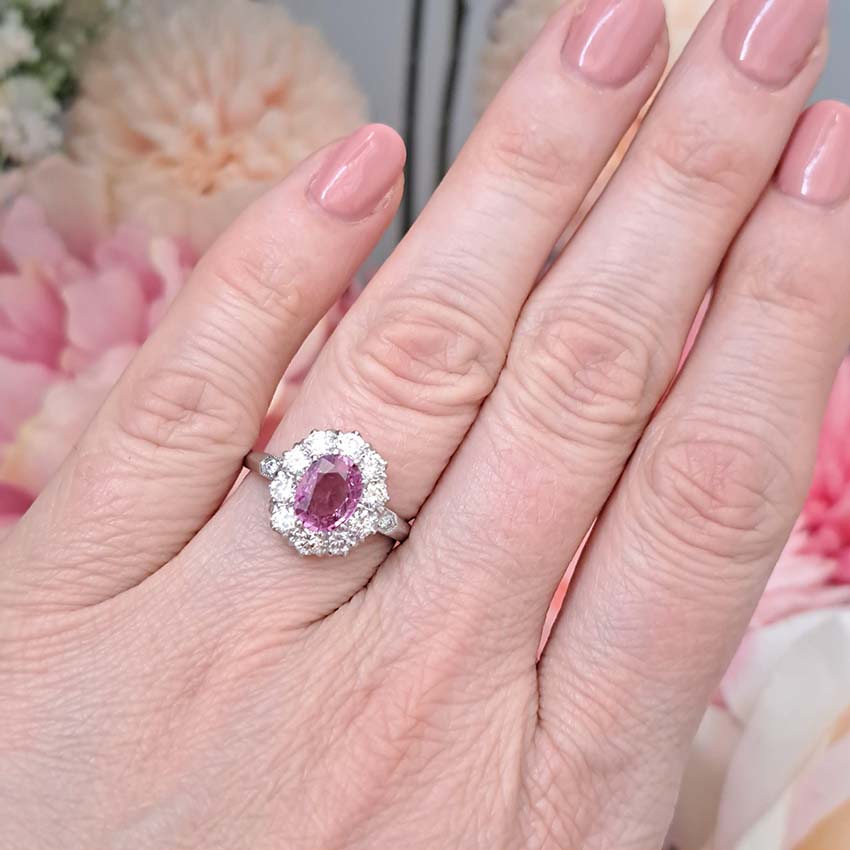 1.51ct Oval Pink Sapphire and Diamond Floral Cluster Ring