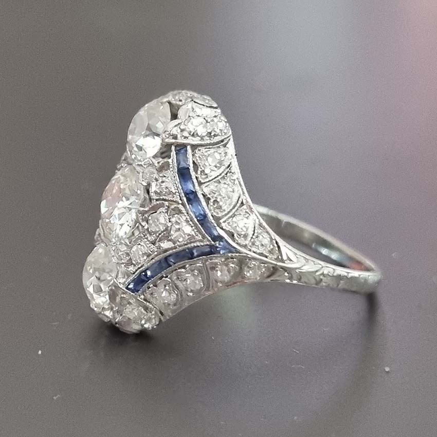 Art Deco Edwardian Diamond And Sapphire Dinner Ring, North to South