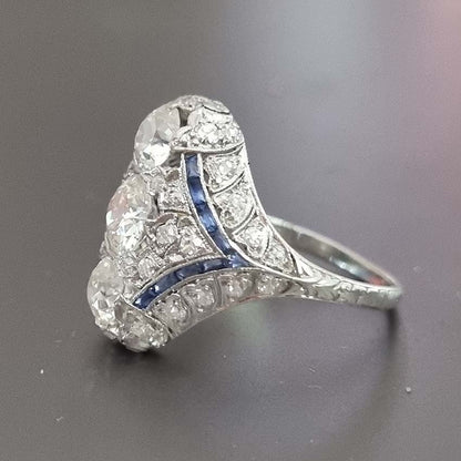 Art Deco Edwardian Diamond And Sapphire Dinner Ring, North to South