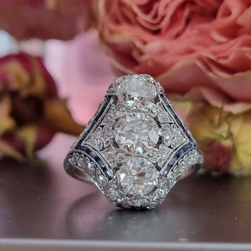 Art Deco Edwardian Diamond And Sapphire Dinner Ring, North to South