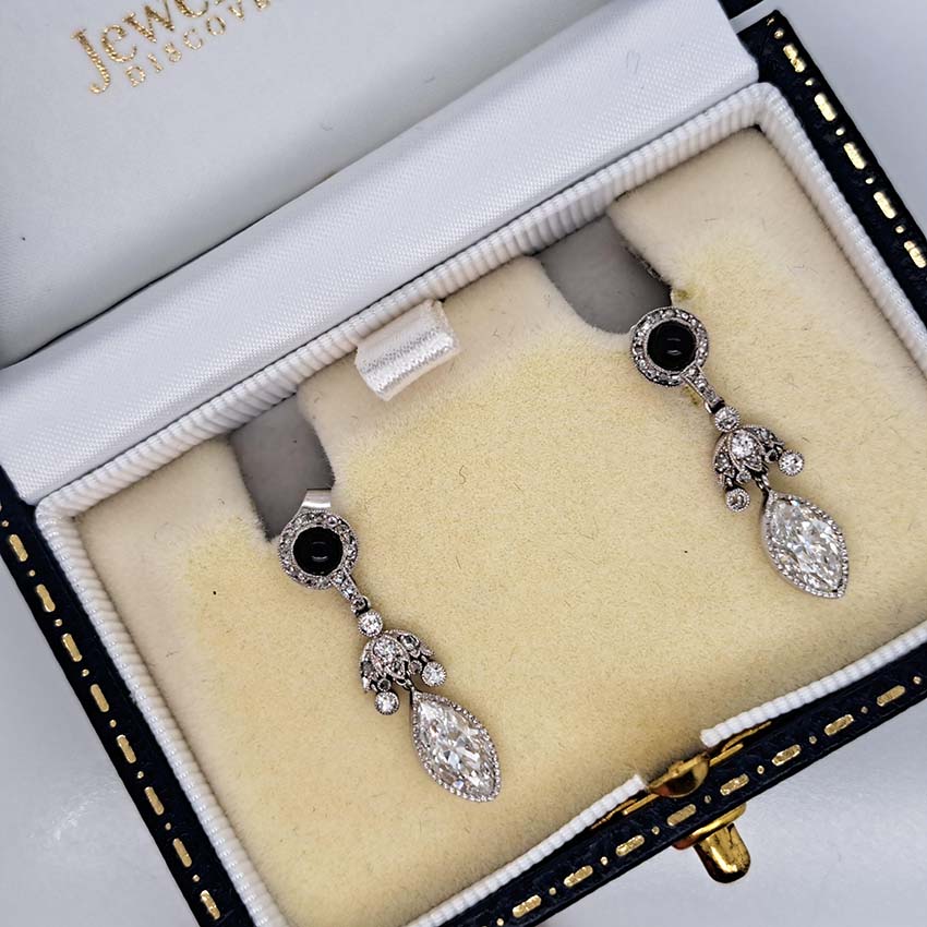 Art Deco Marquise Diamond Cabochon Sapphire Drop Earrings