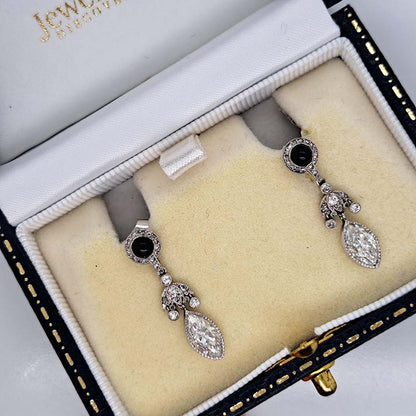 Art Deco Marquise Diamond Cabochon Sapphire Drop Earrings