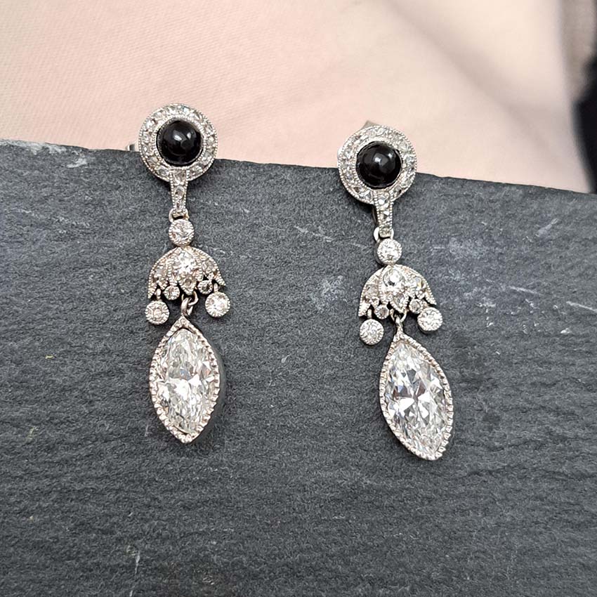 Art Deco Marquise Diamond Cabochon Sapphire Drop Earrings