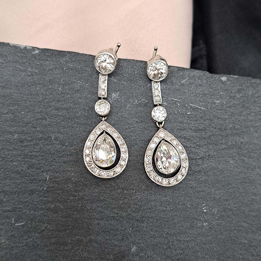 Early Art Deco 3ct Pear Cut Diamond Cluster Drop Earrings