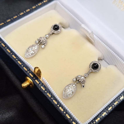 Art Deco Marquise Diamond Cabochon Sapphire Drop Earrings