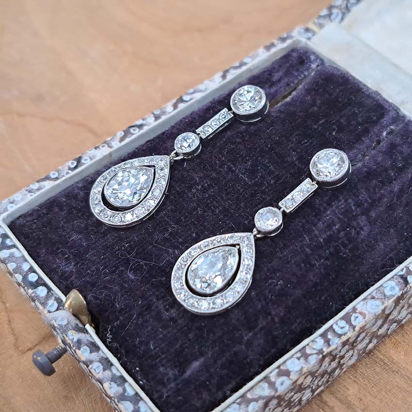 Early Art Deco 3ct Pear Cut Diamond Cluster Drop Earrings