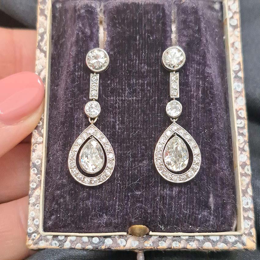 Early Art Deco 3ct Pear Cut Diamond Cluster Drop Earrings