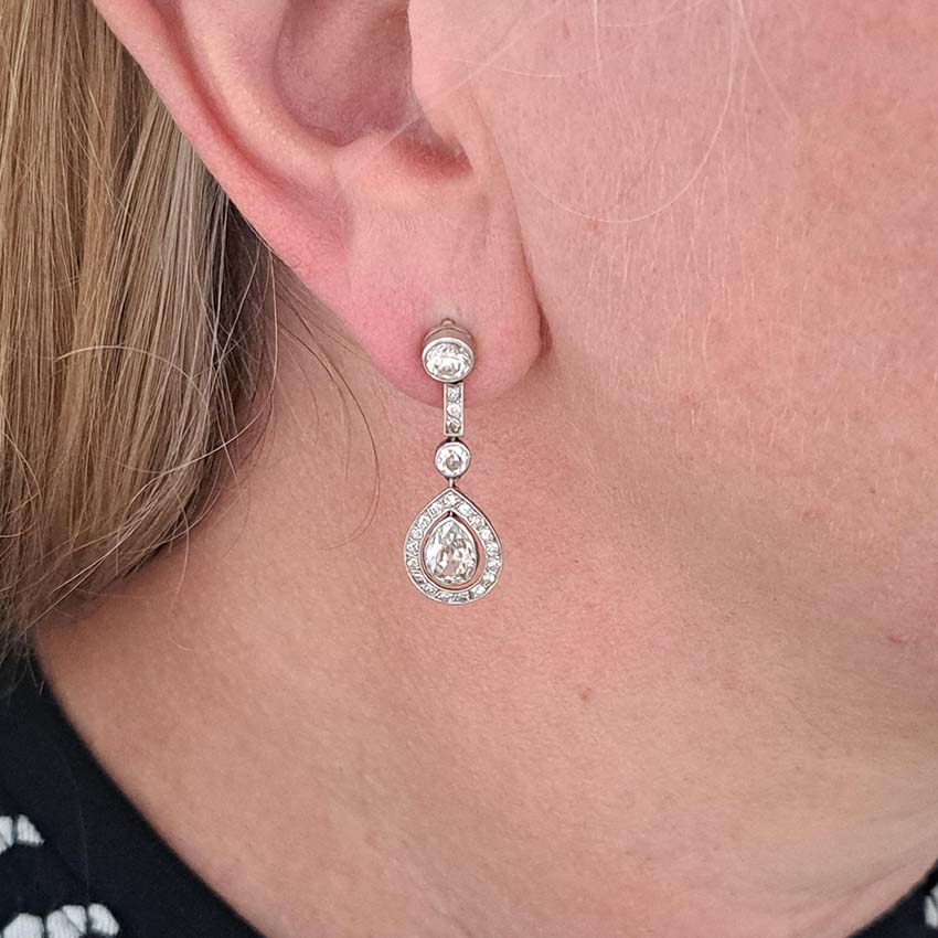 Early Art Deco 3ct Pear Cut Diamond Cluster Drop Earrings