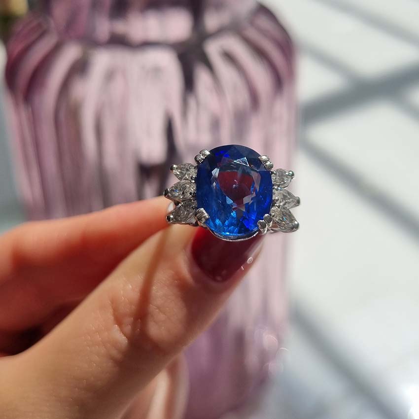 Certified No Heat Ceylon Sapphire and Marquise Diamond Ring