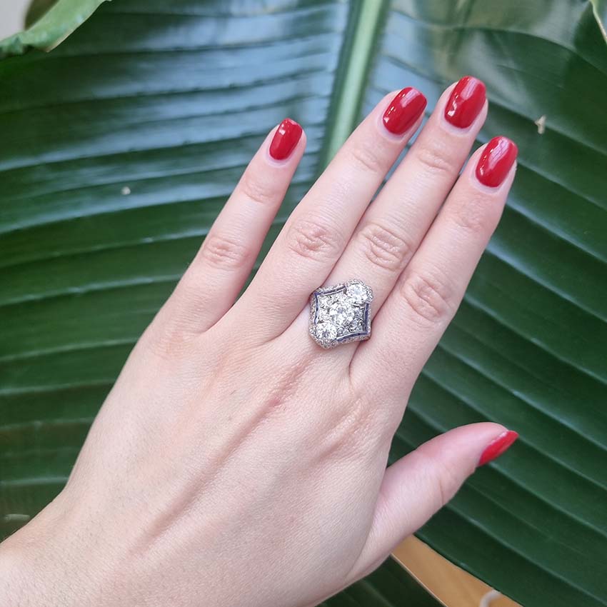 Art Deco Edwardian Diamond And Sapphire Dinner Ring, North to South