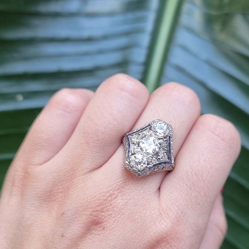 Art Deco Edwardian Diamond And Sapphire Dinner Ring, North to South