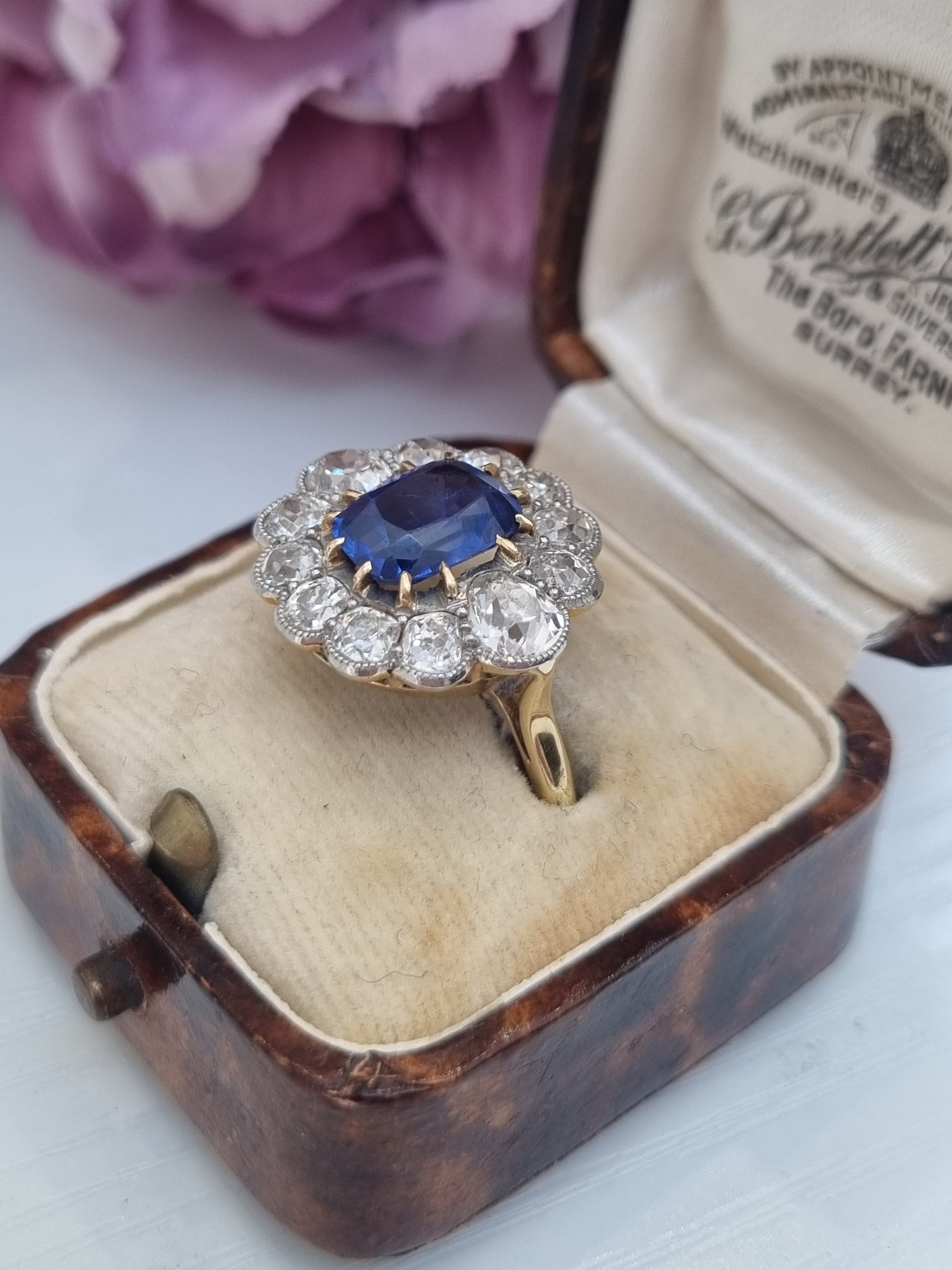 Antique Art Deco 2ct Royal Blue Burma Sapphire and Diamond Cluster Ring, No Heat