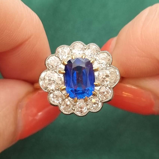 Art Deco Burma sapphire and diamond ring, oval shape cluster Royal blue 2ct Natural No Heat Vintage jewellery Fine gems