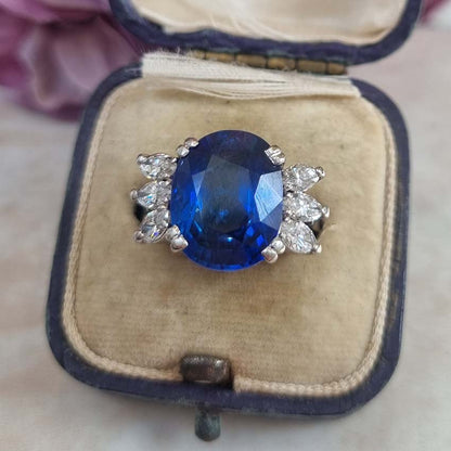 Certified No Heat Ceylon Sapphire and Marquise Diamond Ring